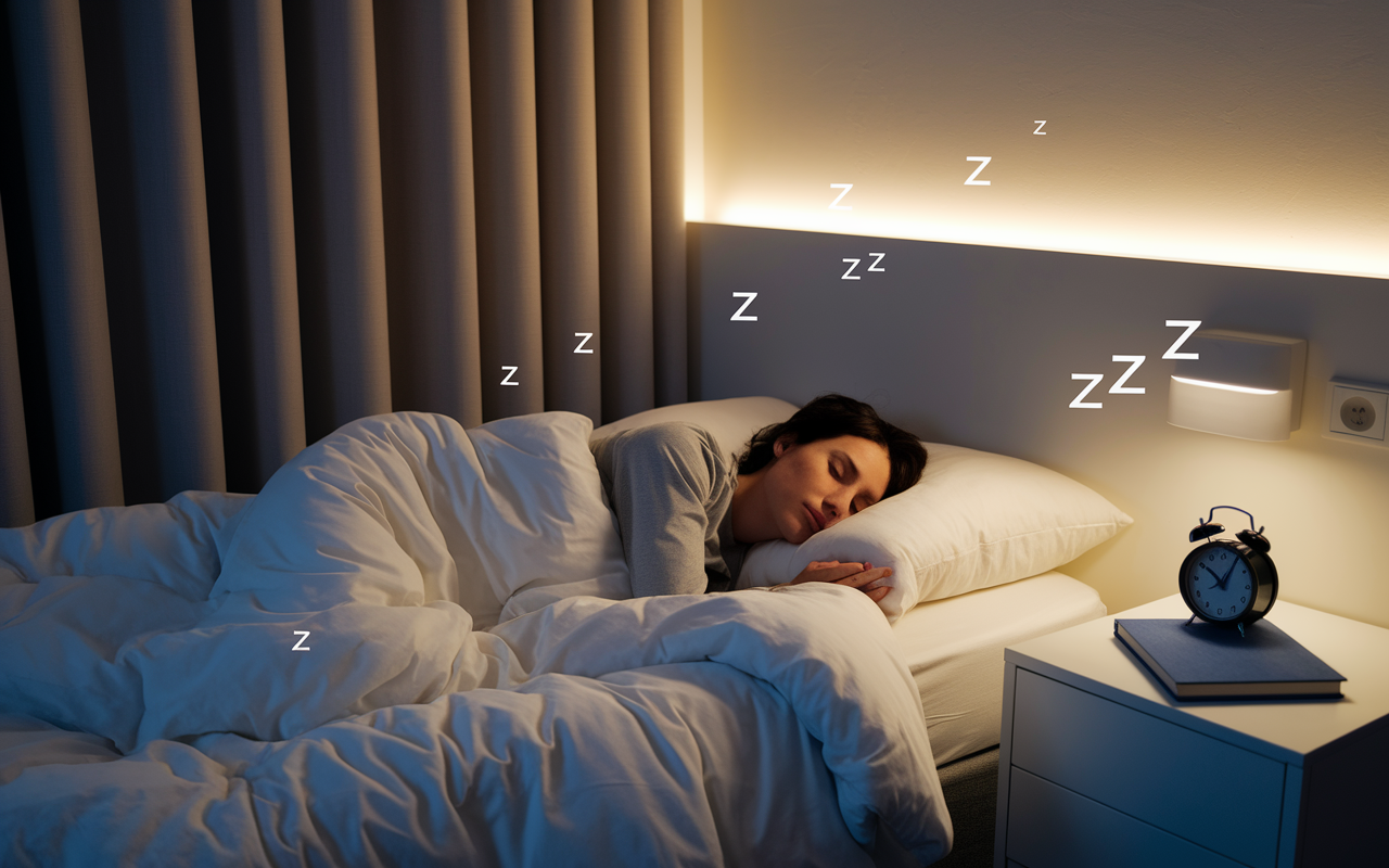 A tranquil bedroom setting with soft ambient lighting. A person is peacefully sleeping, surrounded by cozy bedding and curtains drawn to create a serene environment. A bedside table shows a book and a small alarm clock indicating bedtime. Subtle dreamlike elements suggest deep, restorative sleep, underscoring the importance of maintaining good sleep hygiene.