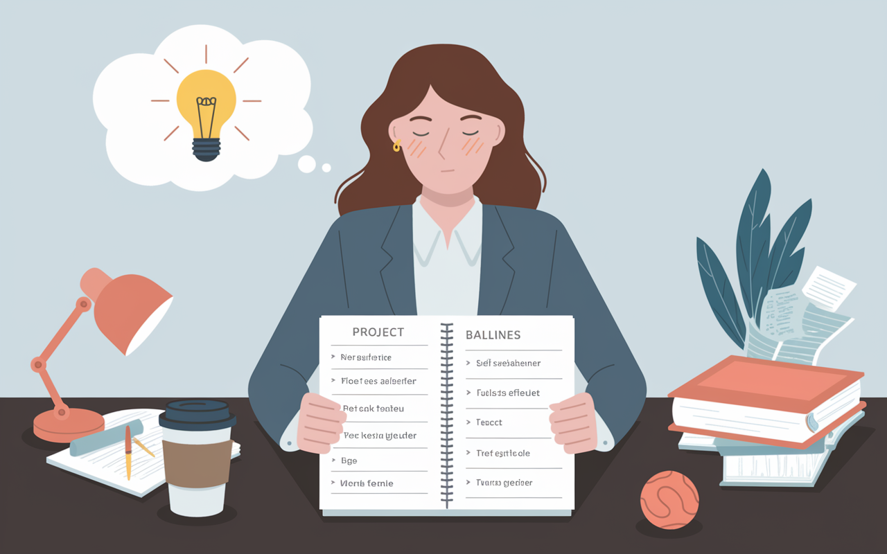 A focused professional at a desk, reviewing a planner filled with project deadlines and tasks. A thought bubble depicts a lightbulb moment, indicating self-reflection and insights about work-life balance. The desk is cluttered with paperwork, but a coffee cup and stress ball are strategically placed to signify coping mechanisms. The environment is calm, encouraging mindfulness.