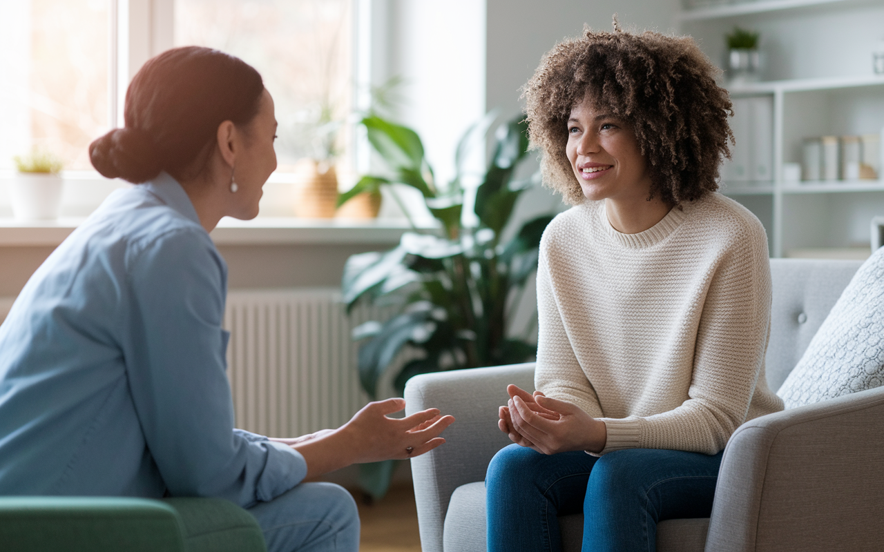 A warm, welcoming counseling office where a person is speaking to a mental health professional. The atmosphere is soothing with soft lighting, calming colors, and comfortable seating. Both individuals display attentive expressions as they engage in meaningful conversation, illustrating the importance of seeking help for managing stress and preventing burnout.