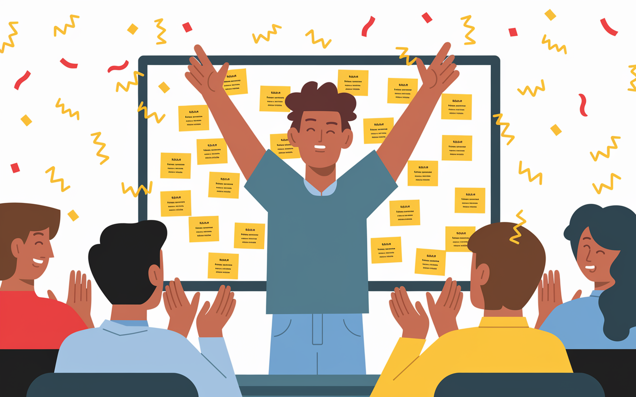 A cheerful individual standing in front of a whiteboard decorated with sticky notes of achievements. They are surrounded by colleagues who are applauding, celebrating small wins together. Bright confetti falls in the background, accentuating the festive atmosphere of recognition and camaraderie in the workplace. The scene emphasizes the joy of celebrating accomplishments.