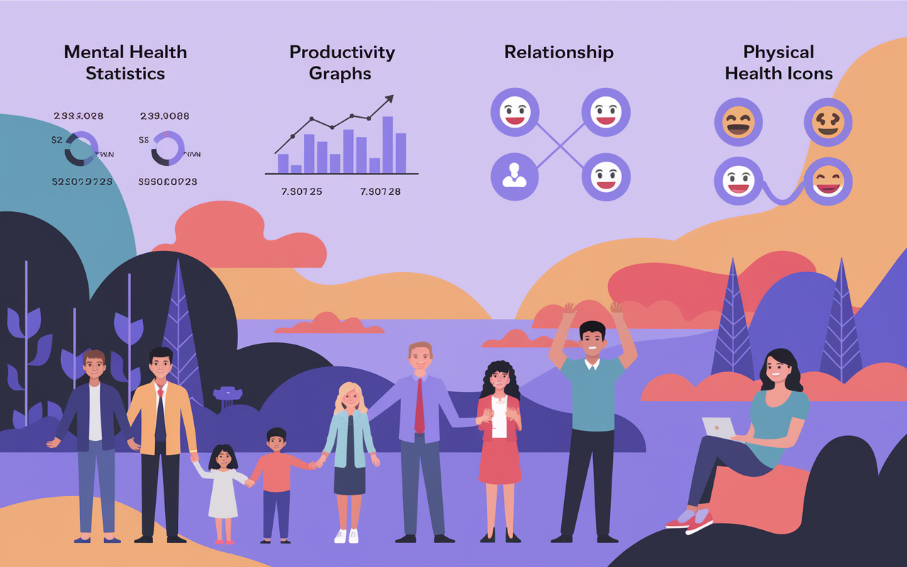 An infographic displaying the essential reasons for creating work-life boundaries: mental health statistics, productivity graphs, relationship emojis, and physical health icons. The background is calming with pastel colors, illustrative representations of families, professionals in stress relief activities, and serene settings symbolizing balance and well-being.