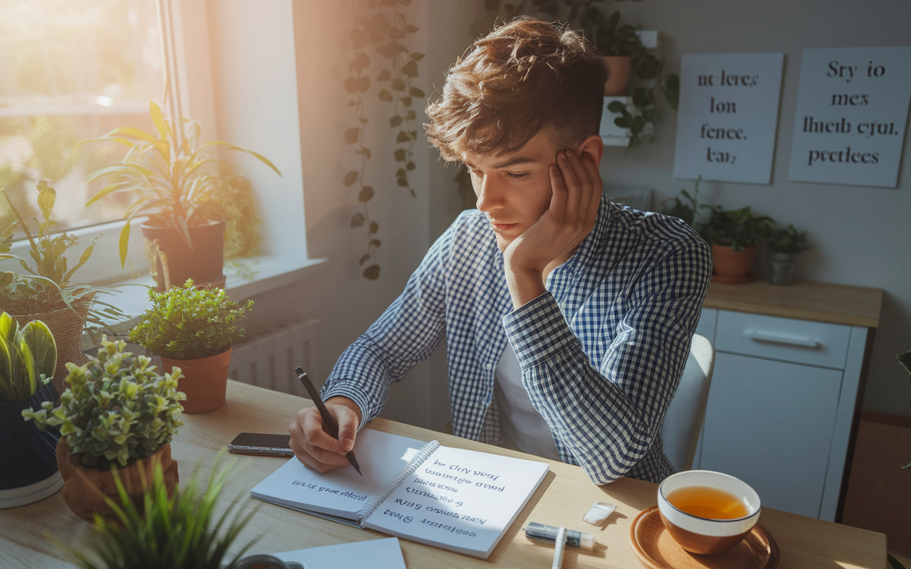 A young individual sitting at a cozy desk adorned with plants and a notepad, writing down their personal and professional priorities. Gentle sunlight streams through a window, illuminating the focused expression on their face as they reflect on values like family and career. The surrounding environment is inviting, with motivational quotes on the wall and a cup of tea nearby, symbolizing self-reflection.