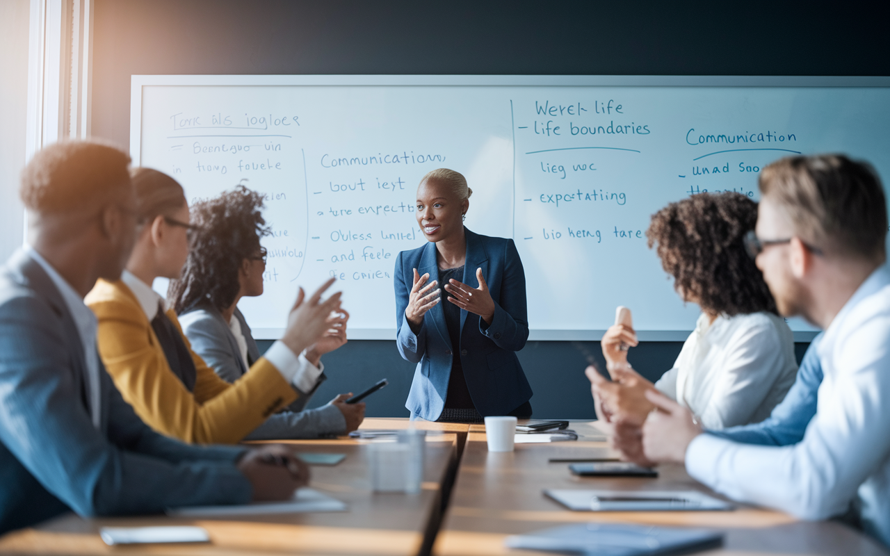 A modern conference room where a diverse group of professionals is engaged in a constructive discussion. One person, with an assertive yet friendly posture, is sharing their thoughts on establishing work-life boundaries. The atmosphere is collaborative, infused with natural light, and whiteboard notes visible in the background illustrating key points about communication and expectations.