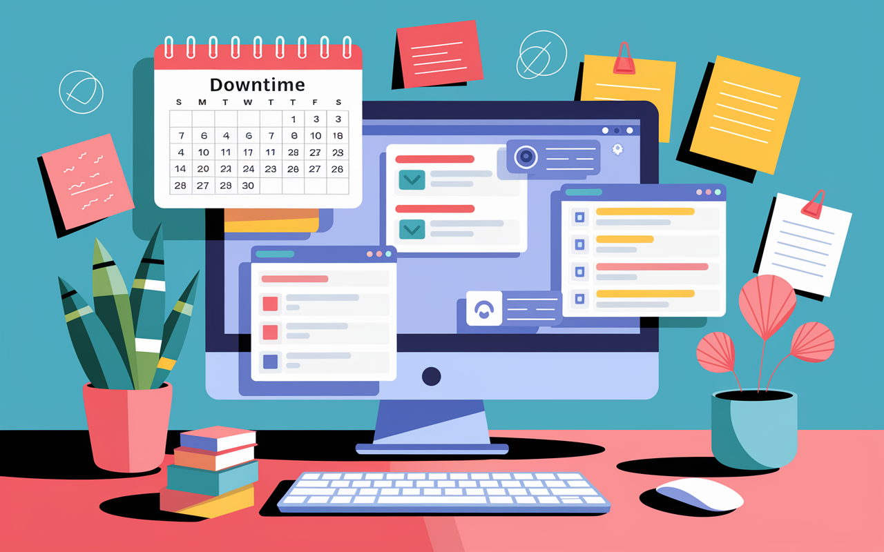A digital workspace setting showing a computer screen with productivity apps open. A calendar application displays scheduled downtime, while another screen shows automated email responses. The workspace is vibrant, with colorful sticky notes and plants, symbolizing the integration of technology to support personal time.
