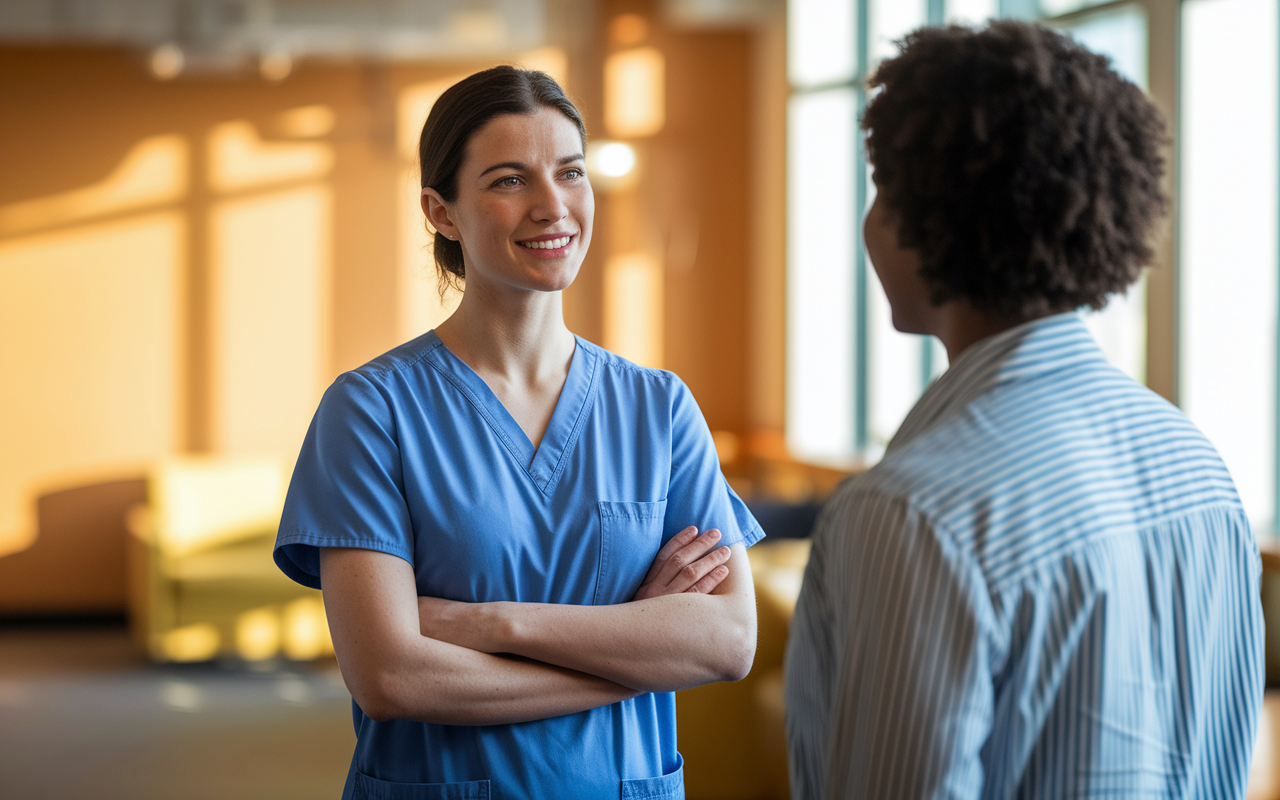 A nurse in scrubs standing confidently in a hospital break room, gently explaining to a colleague that she cannot take extra shifts. The setting is warm and inviting, with light streaming through a window, depicting open dialogue and respect for personal time. Her expression is polite yet firm, emphasizing the importance of boundaries.