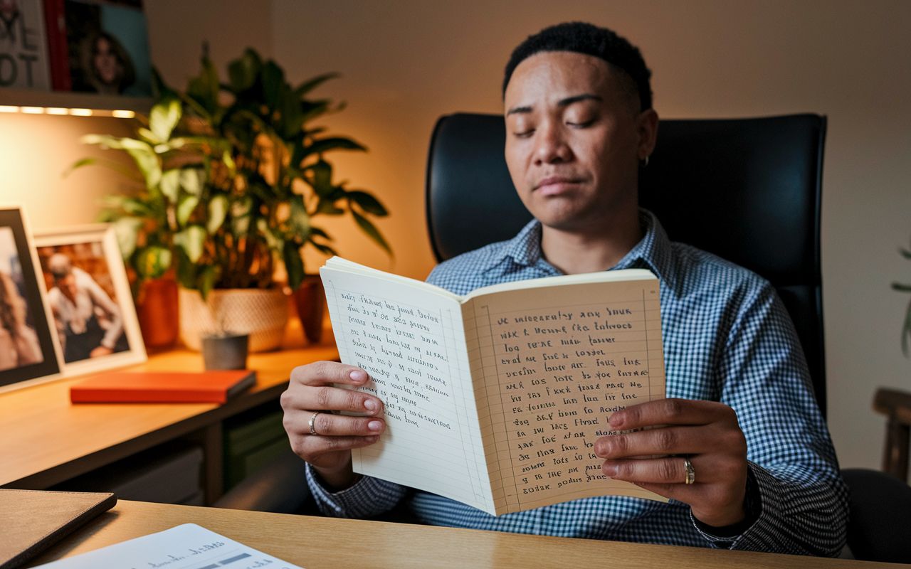 An individual sitting comfortably at a desk, reviewing a journal filled with reflections on work-life balance. The workspace includes personal touches like family photos and plants, with warm lighting creating a relaxing environment. A calm expression shows deep contemplation about boundaries and self-improvement.