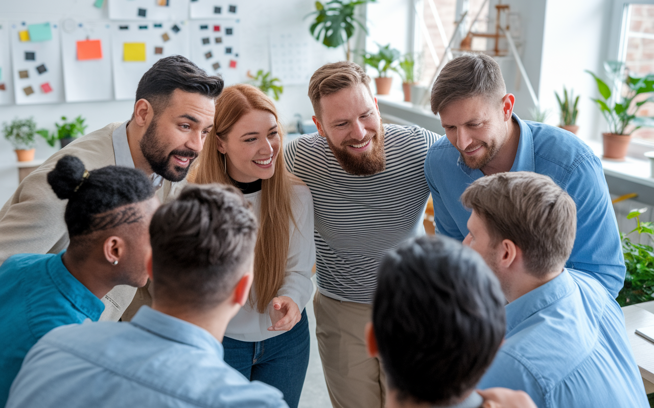 A group of colleagues huddled together in a collaborative workspace, passionately discussing the importance of healthy work boundaries. The bright room is filled with plants, whiteboards with inspirational notes, and friendly expressions, showcasing a supportive environment encouraging respect for personal time.