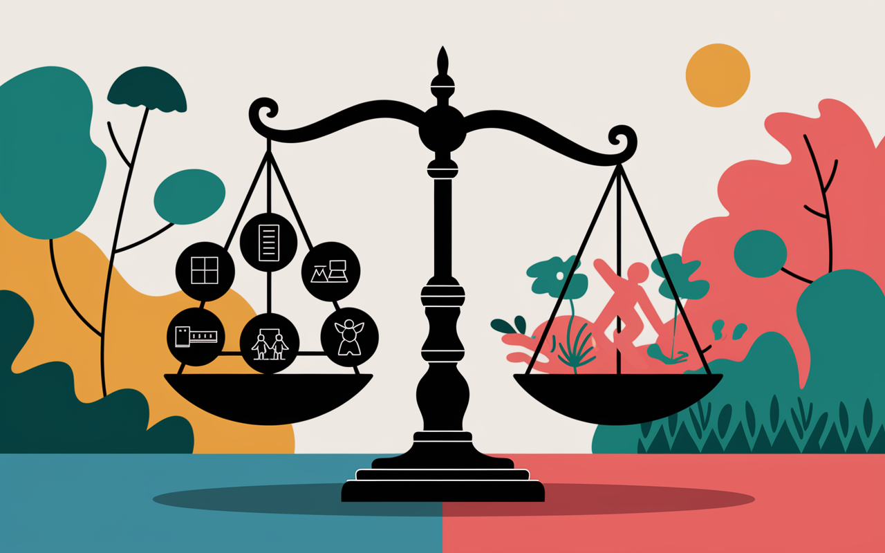 An artistic representation of balance, depicting a scale with work-related icons on one side and personal icons like family and nature on the other. The background is vibrant and soothing, visually symbolizing the equilibrium between work and life. The scales are positioned in a way that evokes harmony, illustrating the success of establishing healthy boundaries.