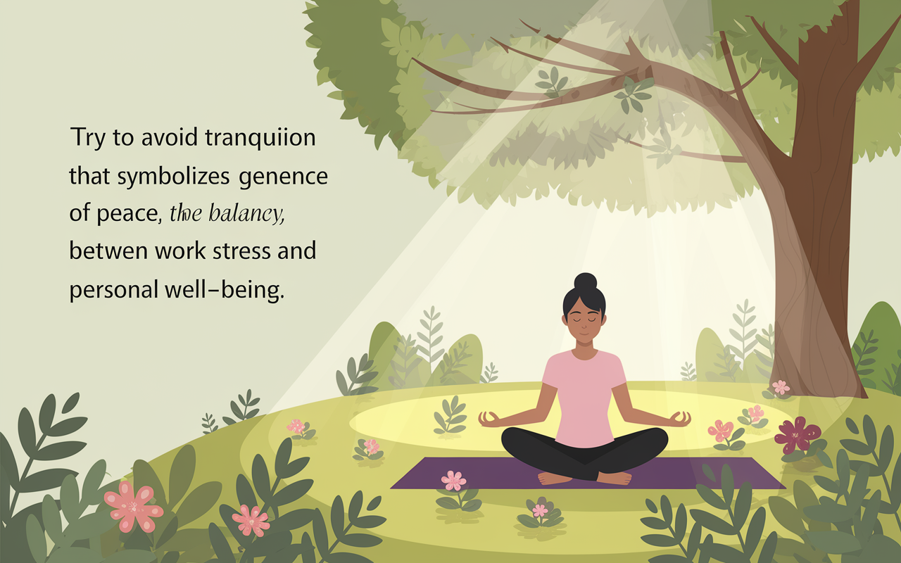 A calm outdoor scene illustrating a person meditating under a tree in a sunlit park. The individual sits cross-legged on a yoga mat, surrounded by flowers and greenery. Gentle sunlight filters through the leaves, casting dappled shadows, creating an atmosphere of peace and inner reflection. The scene captures a moment of tranquility that symbolizes the balance between work stress and personal well-being.