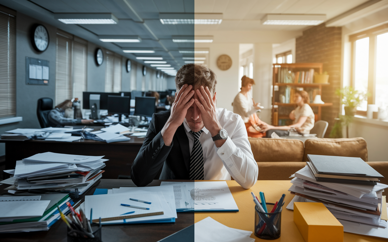 A visually striking split image showing a chaotic office filled with papers, clocks ticking, and a stressed-out professional at a desk on one side, and the same person in a peaceful home setting enjoying leisure time with family or engaging in hobbies on the other side. The lighting contrasts drab office fluorescents with warm, inviting light in the personal space, highlighting the dichotomy between work and relaxing personal life.