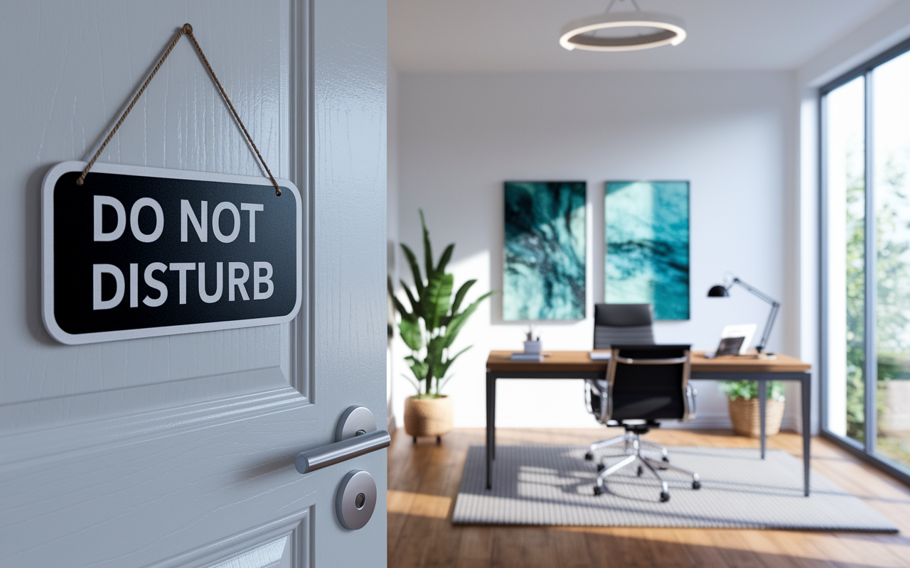 A peaceful home office featuring a clear 'Do Not Disturb' sign on the door. The interior is modern and inviting, with a desk organized with essential work items and a calming, artistic display in the background. Natural light streams in through a large window, creating an atmosphere that invites productivity yet respects personal time.