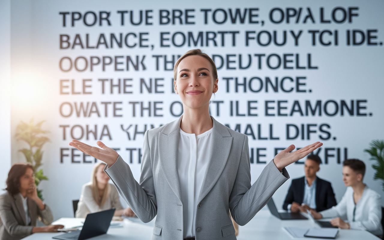 A confident professional declining an extra assignment in a modern office setting, with a positive demeanor, standing in front of a wall with motivational quotes about balance. The environment is vibrant and encouraging, with colleagues in the background showing support and understanding. Bright light enhances the image, symbolizing empowerment and respect for personal boundaries.