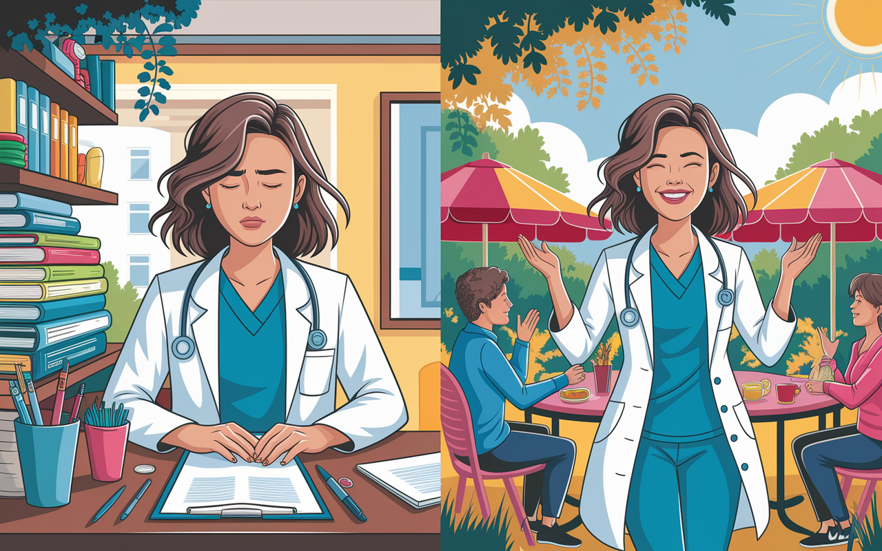 An inspiring before-and-after scene of a female doctor named Sarah. The left side shows her overwhelmed and fatigued at a cluttered hospital desk, whereas the right side illustrated her vibrant and joyful at a colorful outdoor café surrounded by friends, illustrating her rediscovered joy after adopting work-life balance strategies. The scene is bright, with foliage and sunlight conveying warmth and rejuvenation.