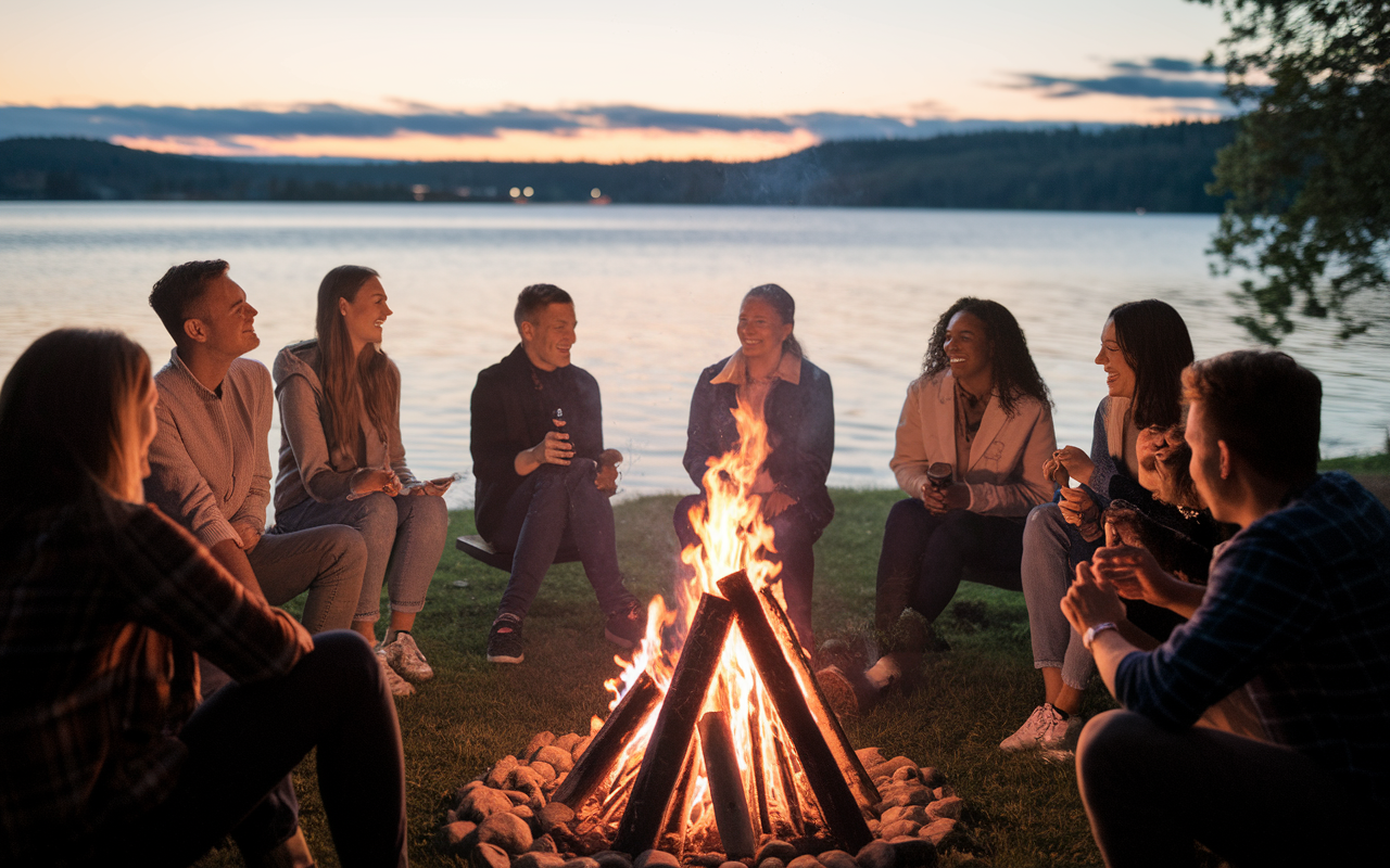 A serene lakeside at dusk where a diverse group of friends is sharing joyful moments around a bonfire, laughing and enjoying each other's company with the backdrop of a scenic sunset over the water. The warmth from the fire, along with the soft glowing light, creates an inviting atmosphere that symbolizes the fulfillment and joy achieved through a balanced lifestyle.