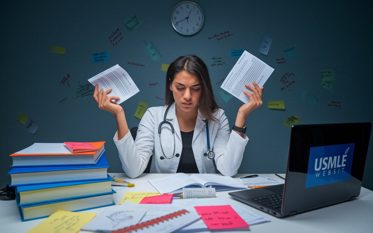 A young International Medical Graduate sitting at a desk cluttered with medical textbooks, exam papers, and a laptop displaying the USMLE website. She appears focused but somewhat overwhelmed, with a clock on the wall indicating late hours. The room is dimly lit, and notes in various languages surround her, capturing the intensity of her preparation for licensing exams.