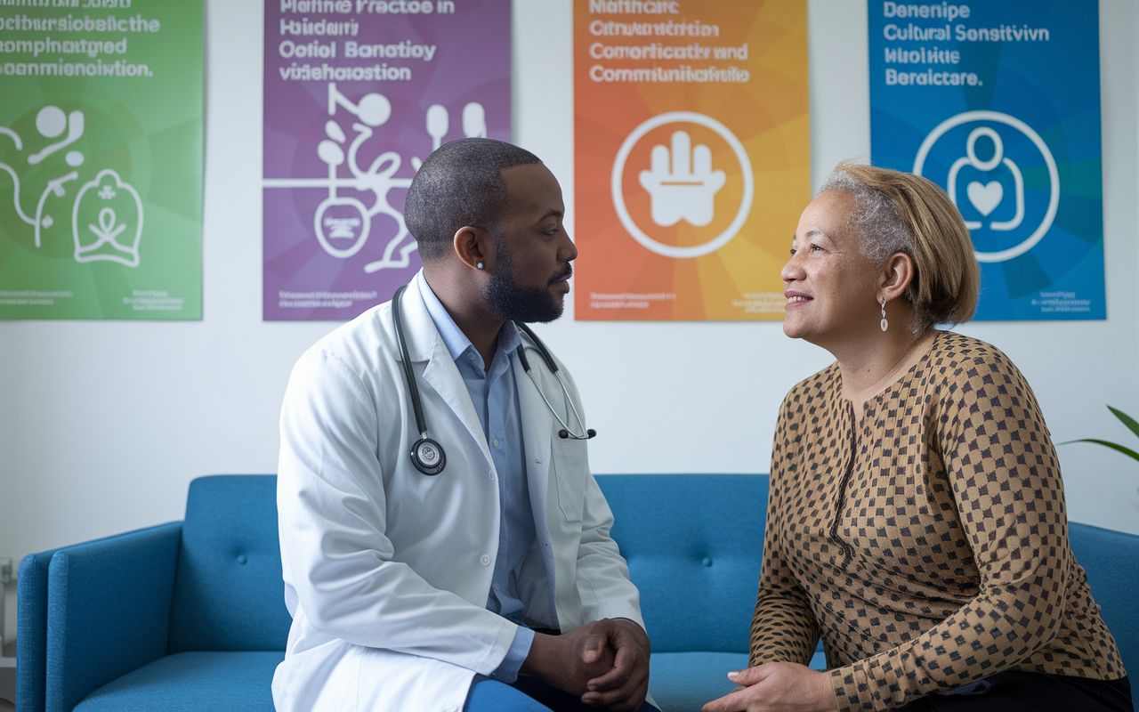 A medical professional consulting with a patient in a diverse urban clinic setting. The physician, wearing a lab coat, attentively listens to a middle-aged patient from a different cultural background. Colorful posters about health practices in multiple languages adorn the walls, emphasizing the importance of cultural sensitivity and communication in healthcare.