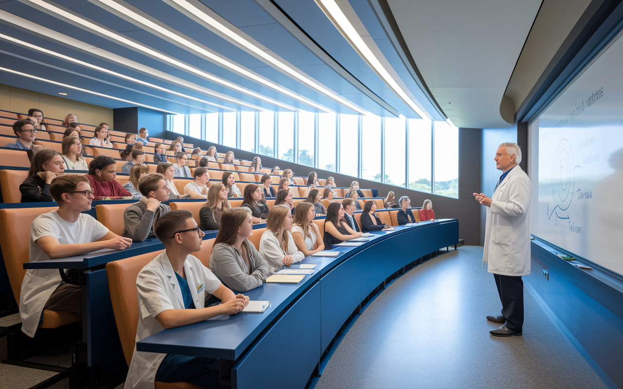 A sleek, modern medical school lecture hall filled with engaged students from diverse backgrounds. A distinguished professor stands at the front, illustrating an advanced medical concept on a whiteboard. The atmosphere is vibrant and attentive, highlighted by large windows letting in natural light, symbolizing the pursuit of knowledge and excellence.