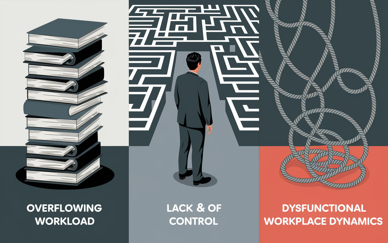 An infographic-style illustration breaking down the causes of burnout depicted through visual metaphors. Each cause is represented by a symbol: an overflowing workload represented by a heavy stack of files, a person looking lost in a maze symbolizing lack of control, and tangled ropes depicting dysfunctional workplace dynamics. The background has a muted color palette, conveying a sense of stress and confusion.