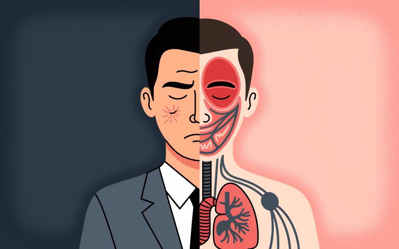 A powerful art piece showing a split image: on one side, a fatigued employee with visible signs of stress (dark circles under the eyes, a furrowed brow), and on the other side, vital organs like the heart and lungs under strain due to excessive work. The colors on the stressed side are dark and muted, while the vital organs are illustrated in a stark contrast, emphasizing the dire health repercussions of burnout.