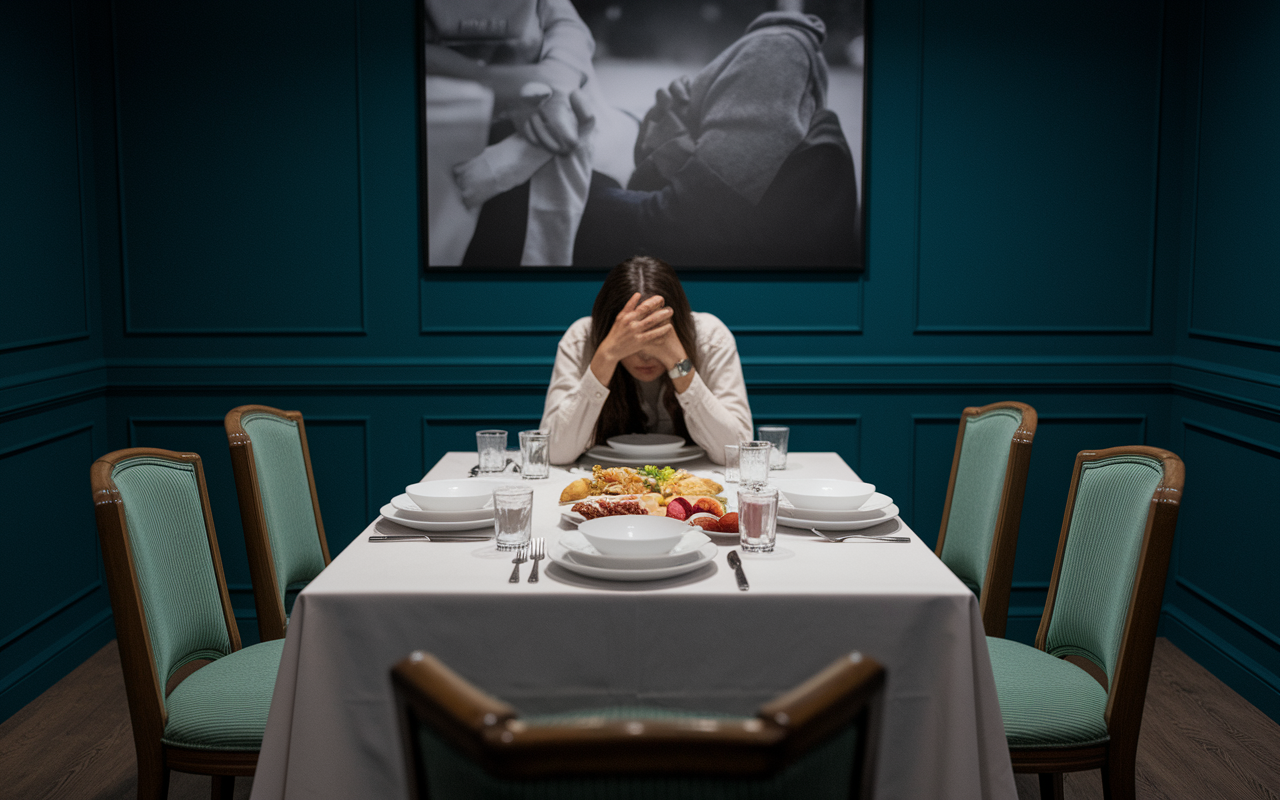 An emotional scene illustrating a desperately worn-out professional sitting alone at a dinner table set for a family meal. The empty chairs around them represent isolation, while the dim lighting in the room conveys a sense of sadness and disconnection. The uneaten food on the table symbolizes neglected relationships, capturing the profound impact of burnout on personal connections.