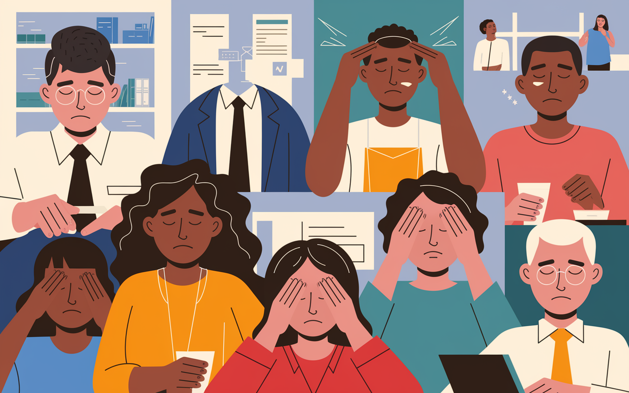 A thoughtful illustration of diverse individuals with various expressions, each showcasing different signs of burnout. One person has a tense posture at their desk, another sits withdrawn with a blank expression at a social gathering, while yet another rubs their temples struggling with a headache. The background is a blend of work and social environments, conveying the pervasive nature of burnout across different aspects of life.