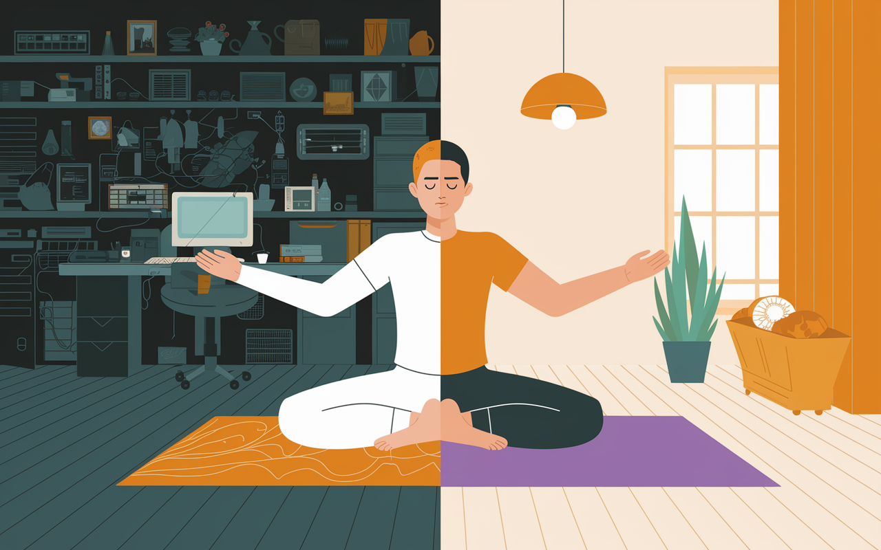 An engaging scene showing a split lifestyle where one half illustrates a chaotic work environment full of clutter and a stressed individual glued to their computer, while the other half depicting a serene home life with the same individual enjoying a peaceful yoga session in a sunlit room. The light colors on the home side contrast with the dark, intense colors of the work side, emphasizing the importance of balance.