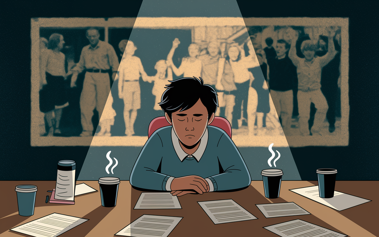 A visually striking illustration showing a person sitting at a cluttered desk under dim lighting, eyes half-closed, surrounded by empty coffee cups and scattered papers. The atmosphere is heavy, indicating the feeling of exhaustion. In the background, a faded image of family gatherings and joyful moments hangs on the wall, symbolizing what is being missed due to burnout. The contrast between the vibrant past and the dull present enhances the sense of urgency to reclaim one's life.