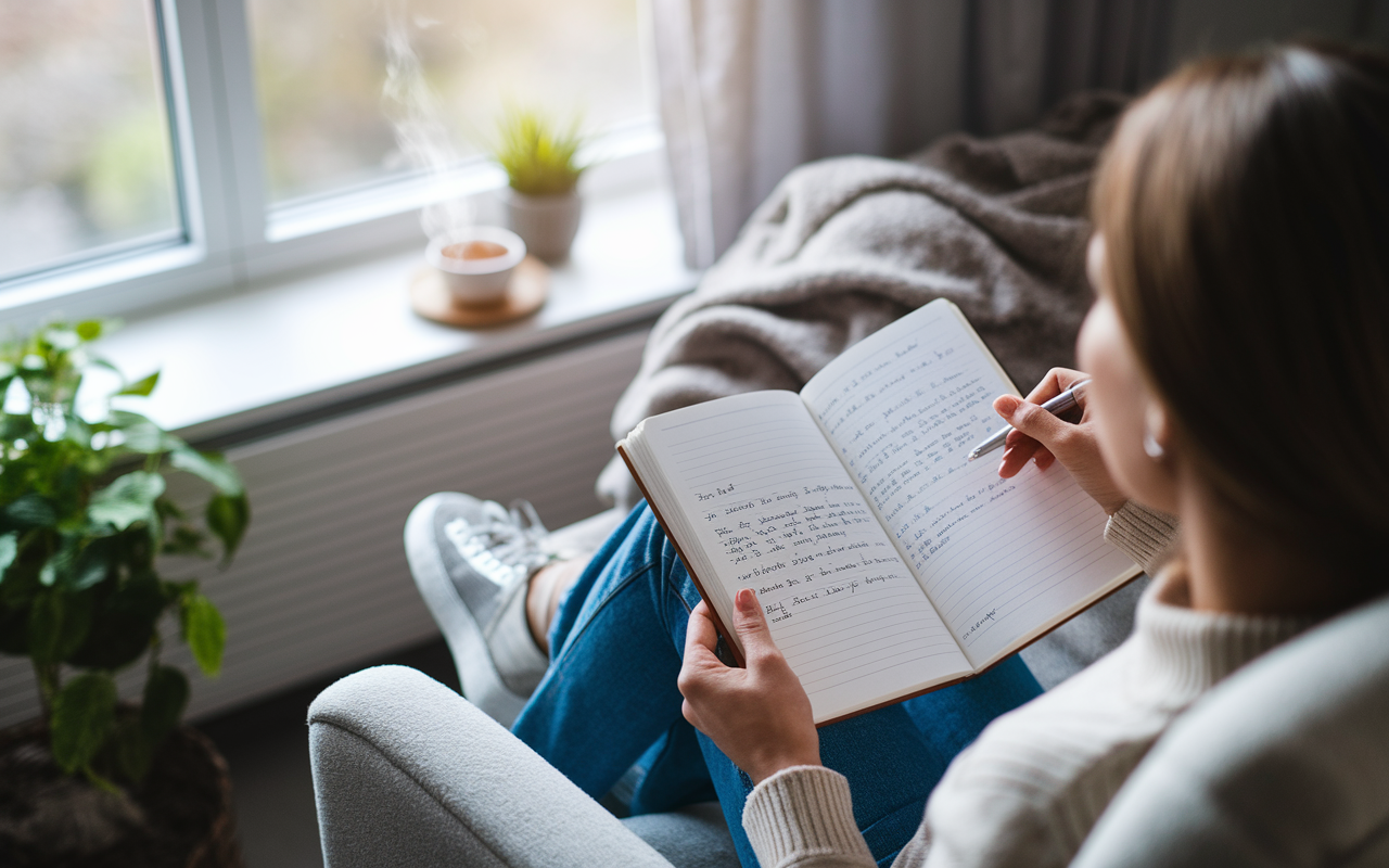 An inviting scene of a person sitting in a comfortable armchair by a window, journaling their thoughts. Soft morning light filters through the window, illuminating the pages filled with reflections. Around them are calming objects like a steaming cup of tea, a plant, and a cozy blanket. This atmosphere underscores the warmth and care of self-assessment, emphasizing growth and clarity.