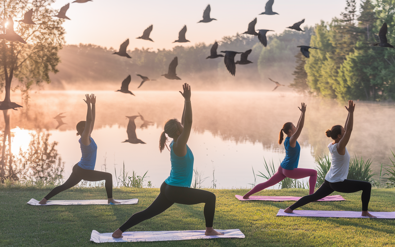 A vibrant scene featuring a person enjoying an outdoor yoga class at sunrise. The sun casts warm rays over a calm lake, mirrors of light bouncing off the water surface, enhancing the tranquility of the moment. Participants are in various yoga poses, surrounded by lush greenery and birds in flight, capturing the essence of rejuvenation and holistic self-care through nature and movement.