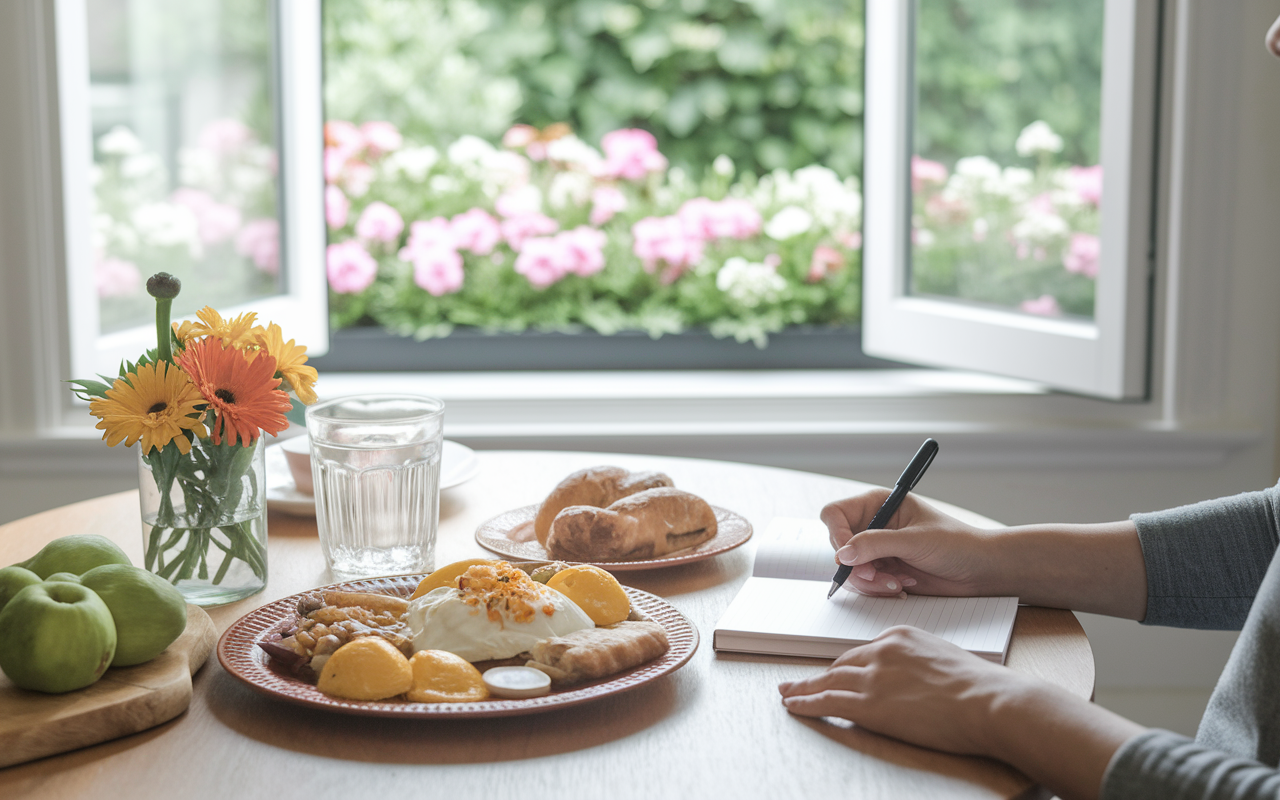 A peaceful morning scene of a person seated at a sunlit kitchen table, writing in a gratitude journal. The table is adorned with fresh flowers and a delicious breakfast spread, symbolizing abundance and appreciation. In the background, a window opens to a garden filled with blooming colors, enhancing the celebratory and uplifting atmosphere of gratitude and positivity in daily life.