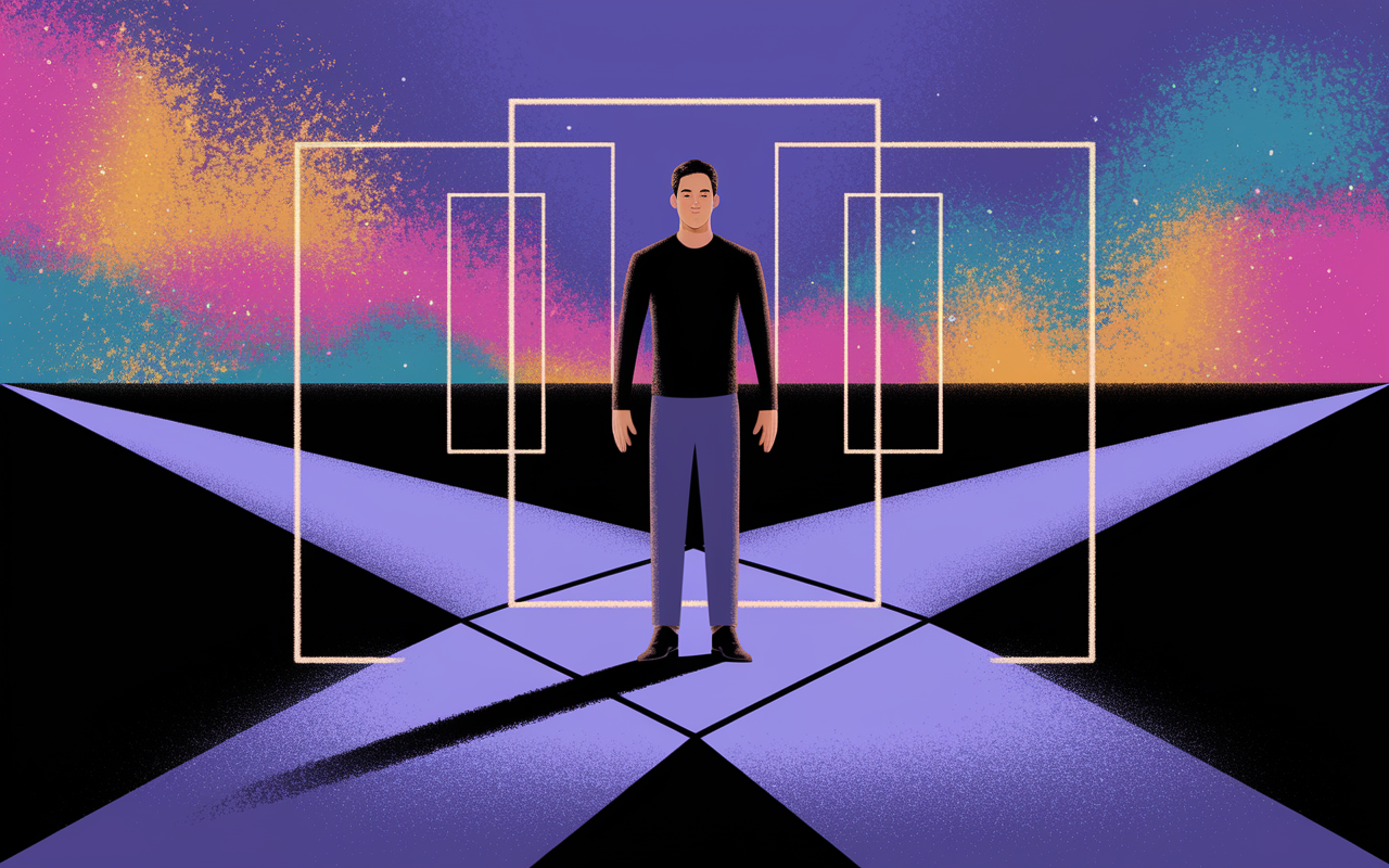 Illustration of a person standing confidently surrounded by visible boundaries, represented as glowing lines around them. The person, depicted as a Caucasian man, is at a crossroads, with different paths representing various life commitments, while the boundaries protect him. In the background, a blend of vibrant colors symbolizes the chaos of life outside the boundaries, contrasting with the calm space within them. This metaphorical representation conveys the importance of setting boundaries for emotional and mental well-being.