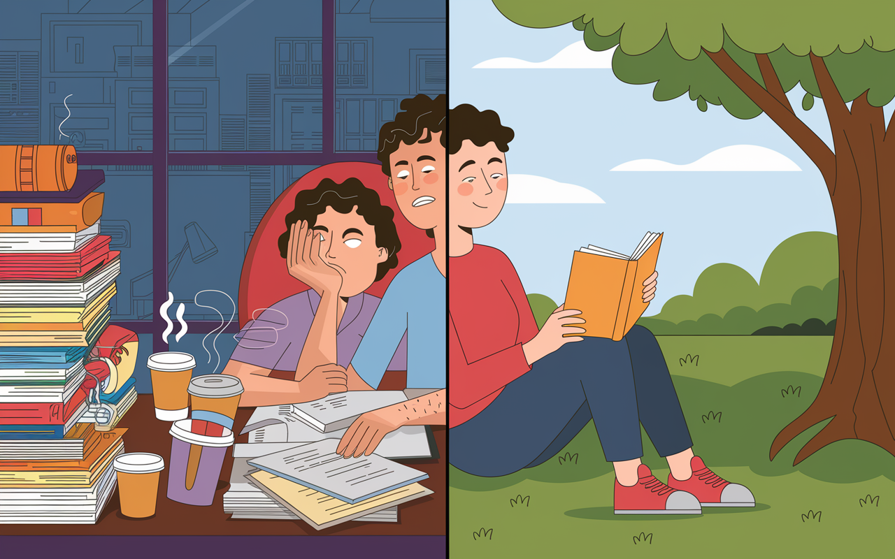 A split-scene illustration depicting two contrasting emotional states. On the left, a frazzled person working late at a cluttered desk with piles of paperwork and empty coffee cups, symbolizing the effects of burnout and stress. On the right, the same person relaxed in a serene park, smiling while reading a book under a tree, illustrating the benefits of setting boundaries. The background transitions from the chaotic office to the peaceful park, emphasizing the transformative power of learning to say no.