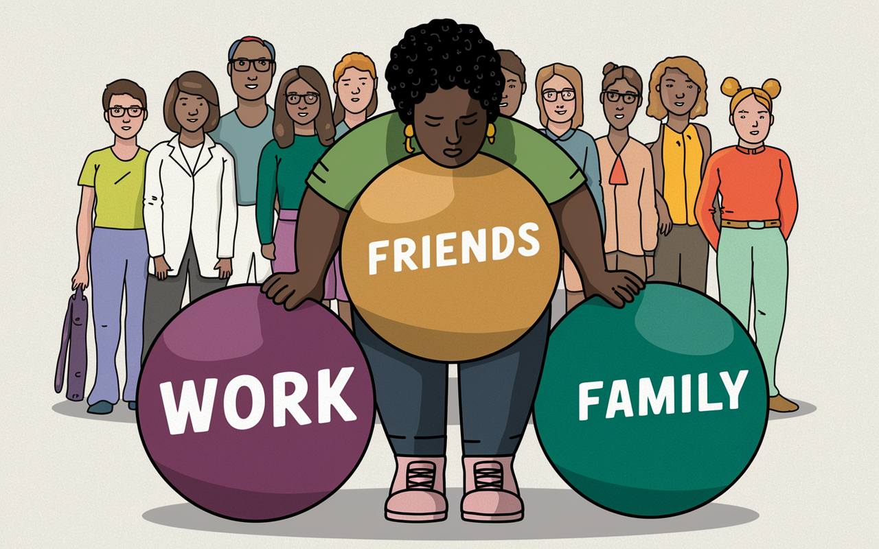 A metaphorical representation of a person, depicted as a Black female, hunched over under the weight of large, colorful weights symbolizing various obligations labeled with words like 'work', 'friends', and 'family'. Her facial expression shows contemplation and weariness, indicating the emotional toll of constant compliance. Behind her, a group of smiling friends and colleagues illustrates the pressure of expectations and the complexity of people-pleasing. The scene conveys a strong emotional narrative of struggle and the need for balance.