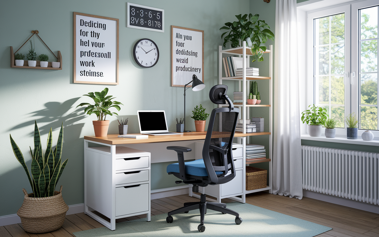 A well-organized home office featuring a stylish desk with a laptop, potted plants, and an ergonomic chair. The workspace is decorated with inspiring quotes on the walls and a clock showing dedicated work hours. Soft morning light pours in from a window, creating an inviting and professional atmosphere, with books and stationery neatly arranged to emphasize productivity.