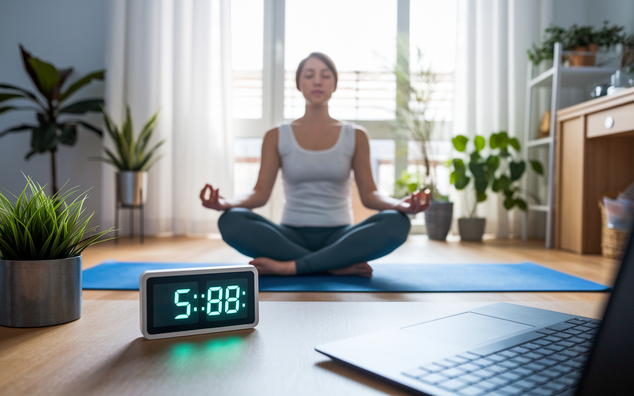 A serene home environment with a person practicing mindfulness during a break, sitting cross-legged on a yoga mat with eyes closed, surrounded by plants and soft natural lighting. A timer on the desk indicates a 5-minute break, and a calming atmosphere is conveyed through gentle colors and a feeling of relaxation, showing the importance of taking breaks for mental health.