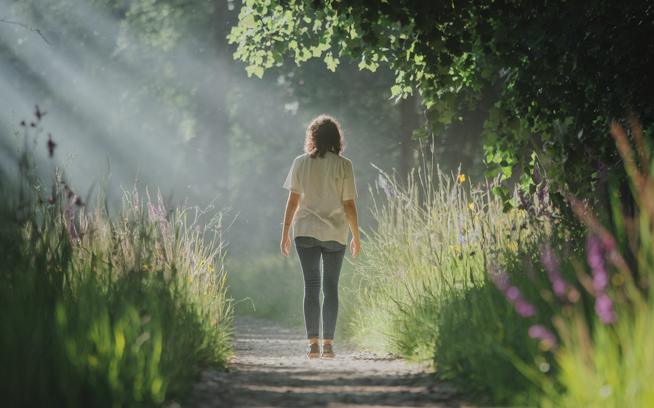 A serene scene of a person walking along a sunlit forest path, surrounded by lush greenery and colorful wildflowers. The individual appears calm and engaged with their surroundings, taking in the vibrant colors and sounds of nature. Soft beams of sunlight filter through the leaves, creating a tranquil atmosphere, with elements like a gentle breeze rustling the grass and distant birdsong, enhancing the sense of peace.