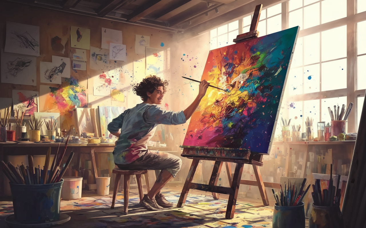 A vibrant and dynamic scene of a person at an easel, passionately painting a colorful abstract piece in a sunlit studio filled with art supplies. The walls adorned with sketches and notes inspire creativity. The artist's expression is joyful and focused, surrounded by splashes of paint and canvases, radiating energy and emotional release. The warm sunlight streams through large windows, creating a lively, inviting atmosphere.