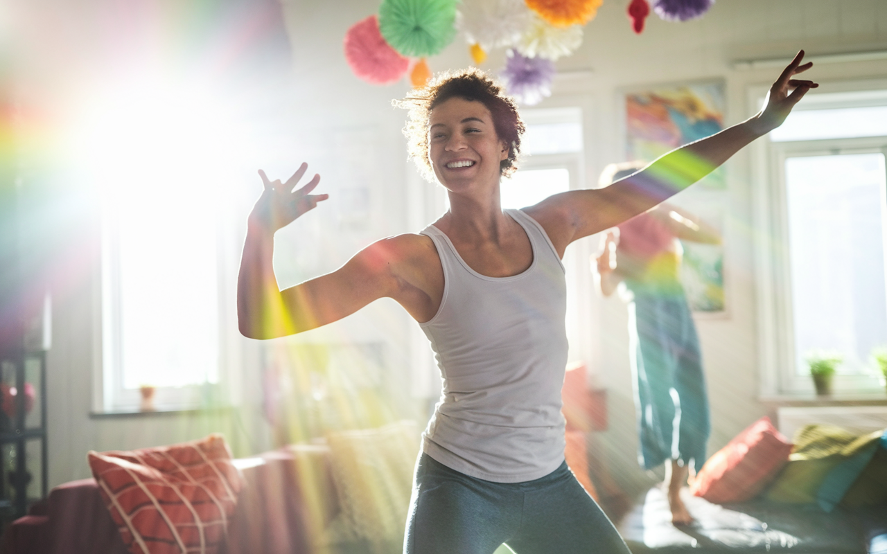 An energetic scene of a person dancing freely in a bright living room, music playing in the background. The individual smiles joyfully, surrounded by colorful decorations and soft sunlight streaming through the windows. The atmosphere is lively, filled with happiness and movement, showcasing the liberating essence of dance as a form of exercise. A sense of joy and freedom is palpable, captured in vibrant colors and dynamic poses.