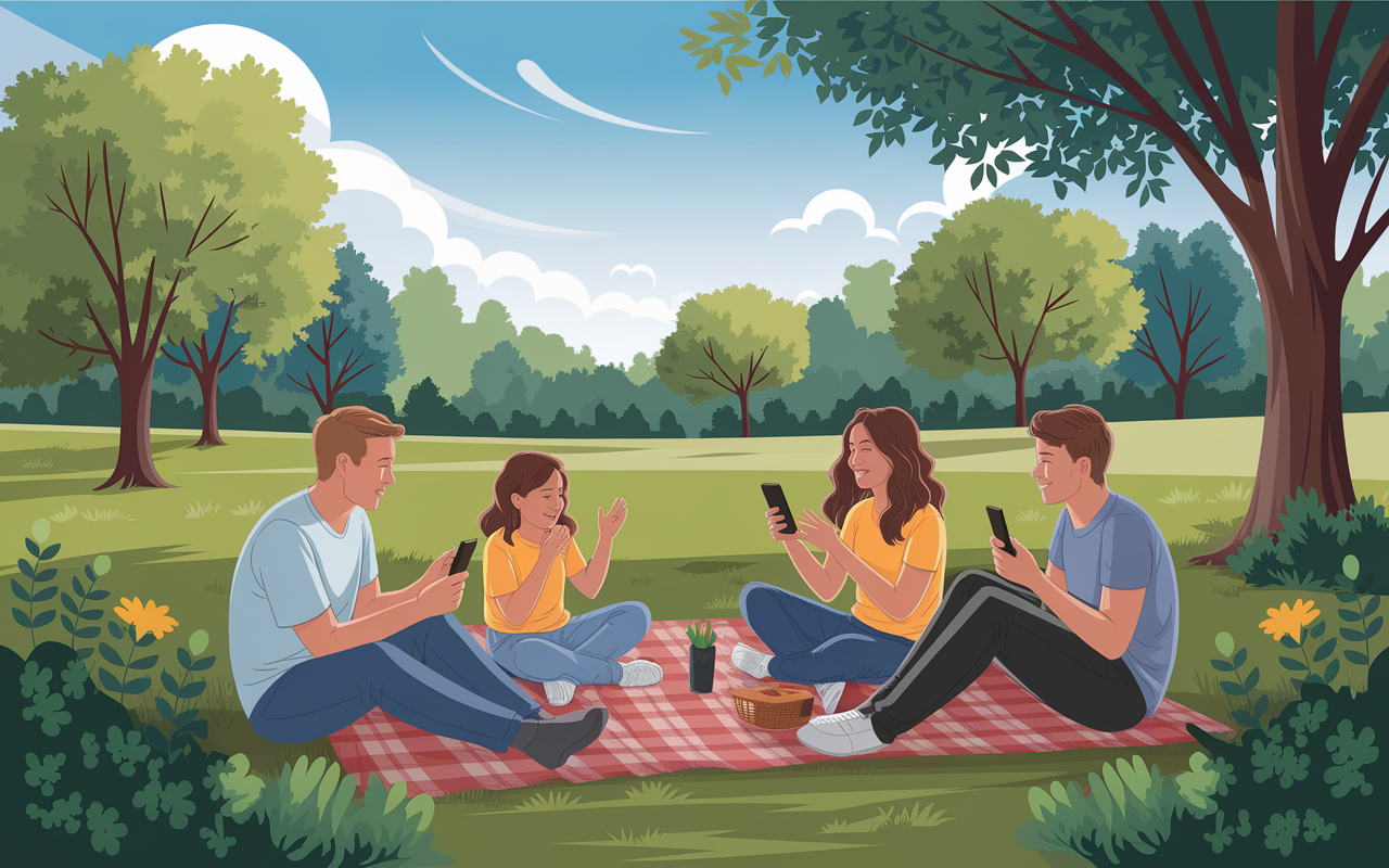 A peaceful outdoor setting depicting a family enjoying a tech-free picnic in a lush green park, surrounded by trees and a clear blue sky. The atmosphere is filled with laughter, as they play games and engage in conversation without any electronic devices. Vibrant colors of nature contrast with the serenity of their disconnection from technology, highlighting moments of genuine connection and joy.