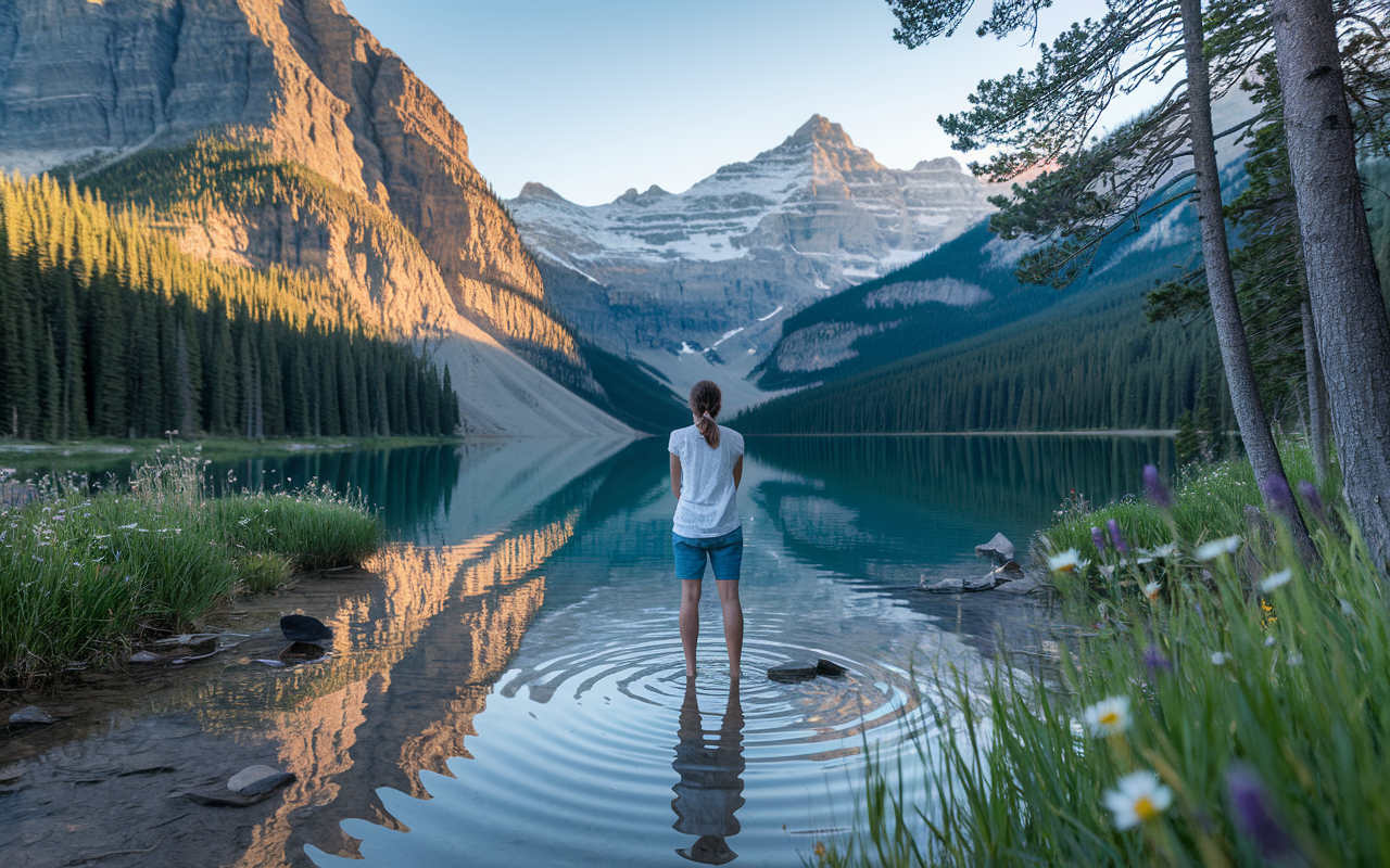 A breathtaking scene of a person standing at the edge of a tranquil lake surrounded by towering mountains, reflecting the clear blue sky. The individual appears calm and contemplative, absorbing the serene beauty of their natural environment. Trees and wildflowers are in full bloom, with gentle ripples on the water's surface creating a sense of peace and connection to nature. The overall mood is one of tranquility and healing.