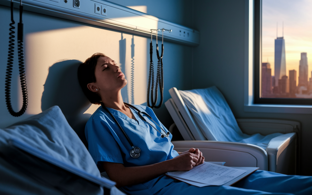 A poignant display of a healthcare professional coping with emotional stress. In a quiet hospital room, a doctor leans against a wall with a look of deep contemplation, surrounded by medical charts and a stethoscope hanging loosely around their neck. The lighting is dim, casting soft shadows, enhancing the mood of exhaustion and reflection. A window in the background shows a city skyline at sunset, symbolizing hope and the passage of time. The scene captures vulnerability in the face of responsibility.