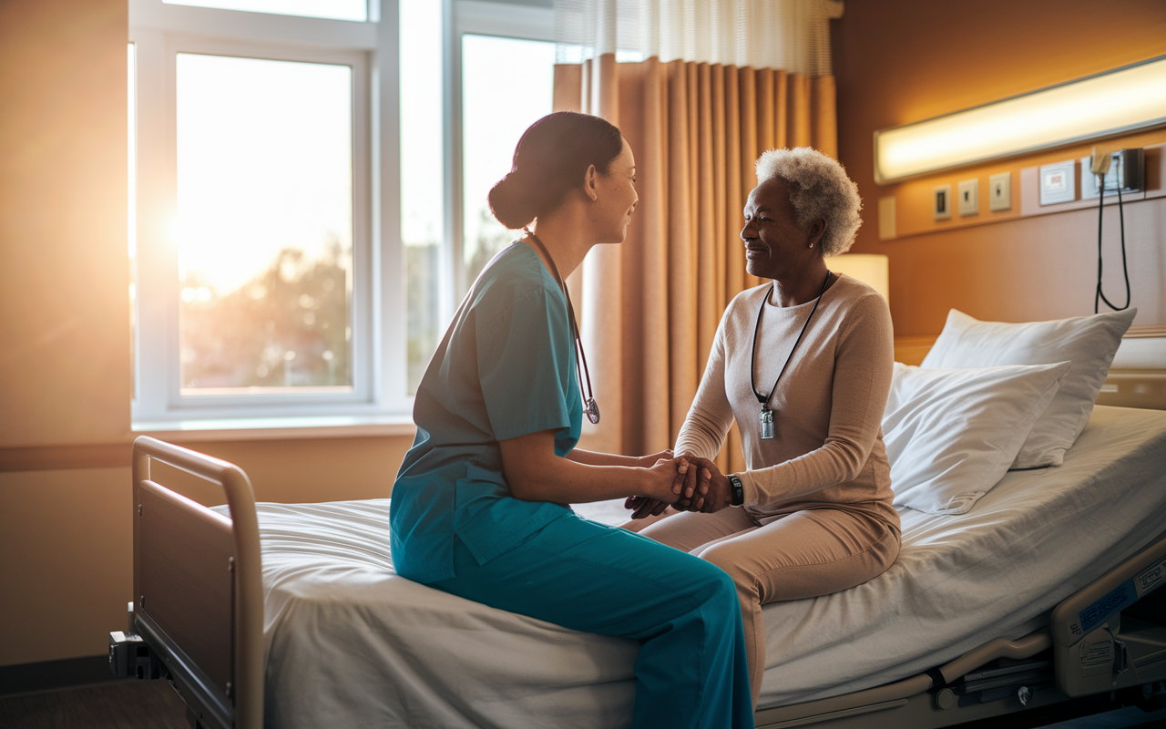 An empathetic healthcare professional interacting with a patient in a hospital room. The doctor, wearing bright scrubs, is sitting on the edge of the bed, listening intently to the patient while holding their hand. The room is warmly lit with sunlight streaming through the window, creating an inviting atmosphere. The patient, an elderly individual, appears calm and supported. The scene embodies compassion and connection, showcasing the vital relationships in healthcare.