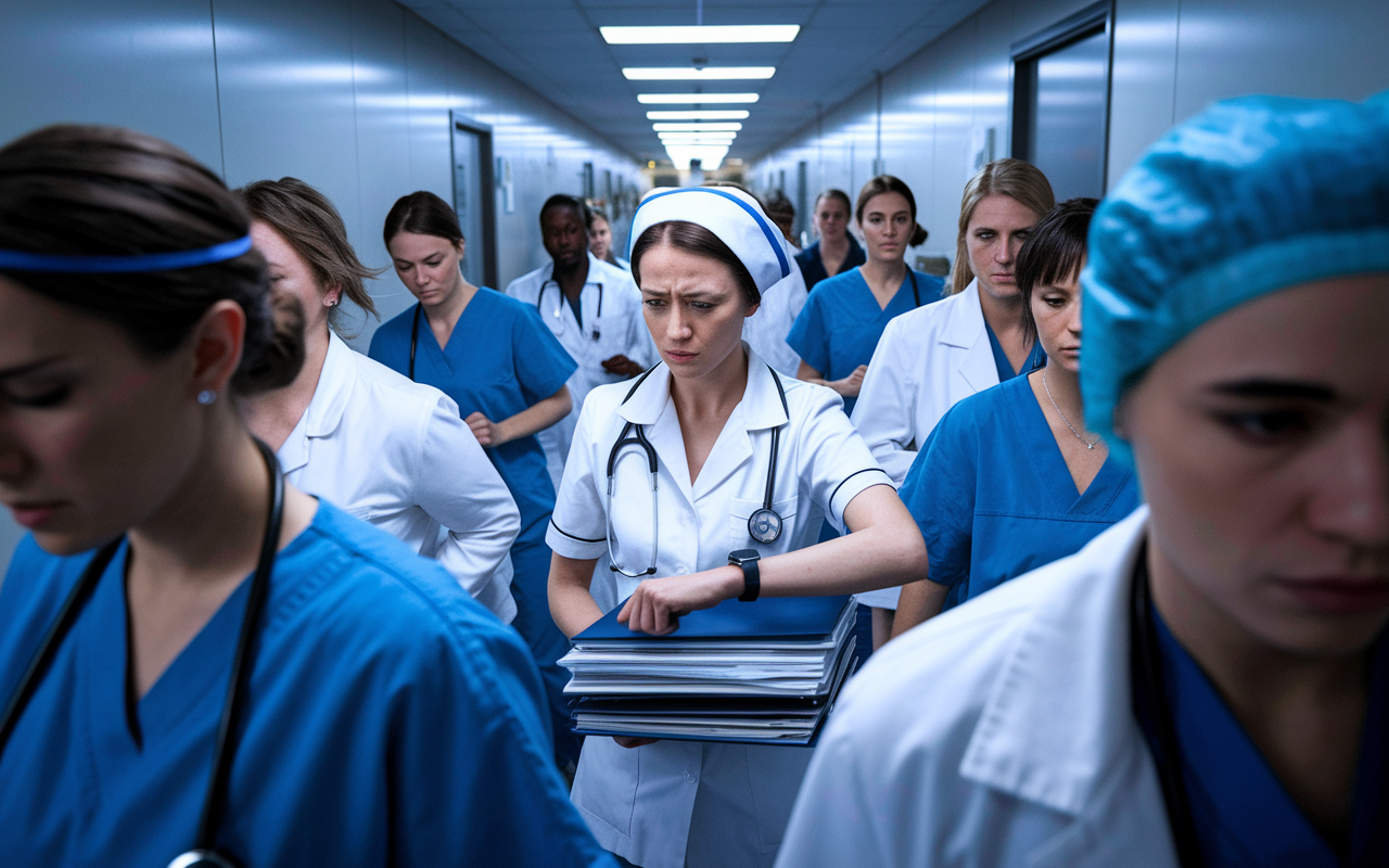 A busy hospital corridor filled with healthcare professionals rushing to attend to patients. A nurse glances at her watch with a worried expression while holding a stack of patient files, symbolizing the pressure of responsibilities. The lighting is stark and clinical, emphasizing urgency, while the faces of various healthcare workers show a mix of determination and fatigue, representing the strains of their roles in a demanding environment.