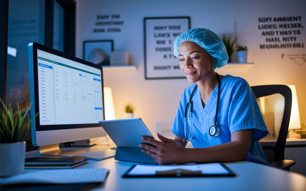 A healthcare professional at a desk using technology effectively. They are focused on a tablet displaying patient information, while a computer screen shows scheduled appointments. The office is contemporary and well-organized with motivational quotes on the walls. Soft ambient lighting creates a positive atmosphere of productivity and balance. The individual looks confident and in control, effortlessly managing their priorities.