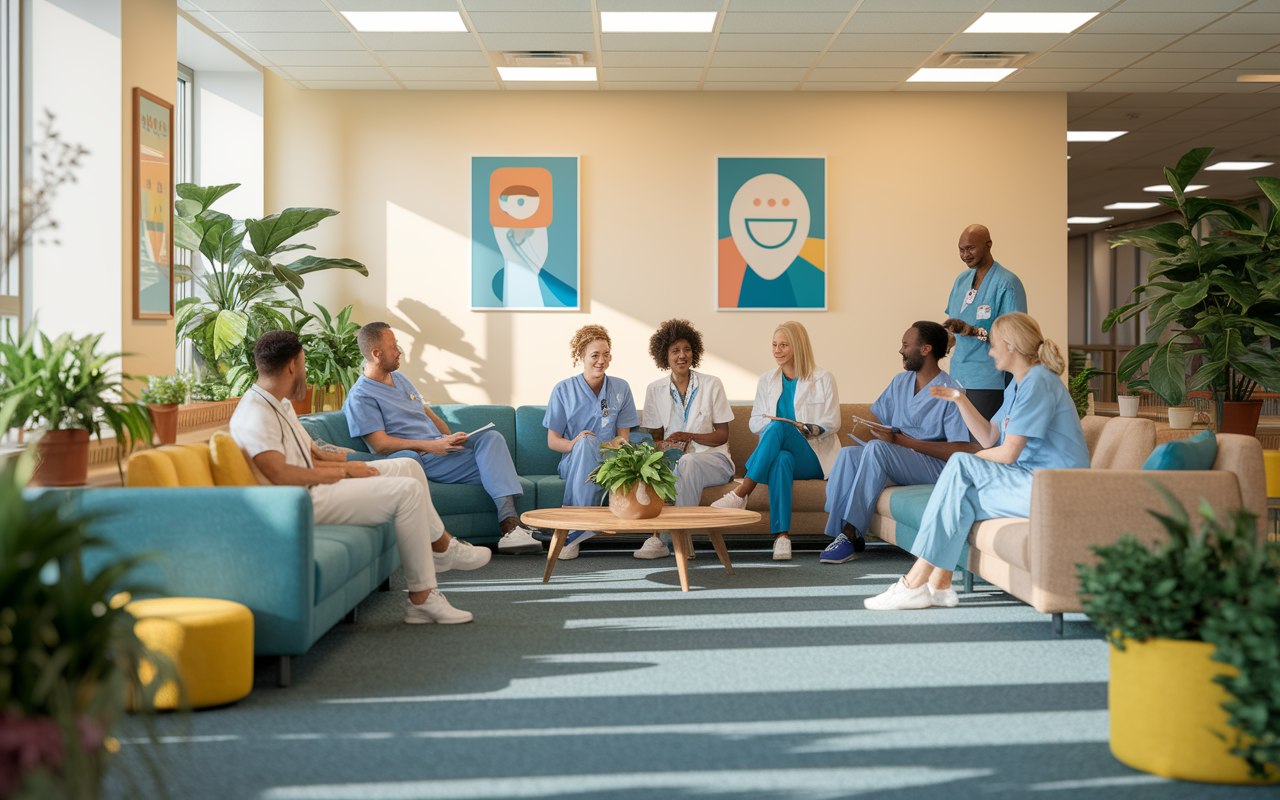 An inviting workspace for healthcare staff showcasing a supportive environment. A communal area where professionals relax during breaks, filled with plants, soft seating, and friendly artwork on the walls. Natural light floods the space, creating a warm ambiance. A group of diverse healthcare workers is engaged in light-hearted conversation, exemplifying camaraderie and support. This scene promotes a sense of well-being and balance in the demanding healthcare profession.