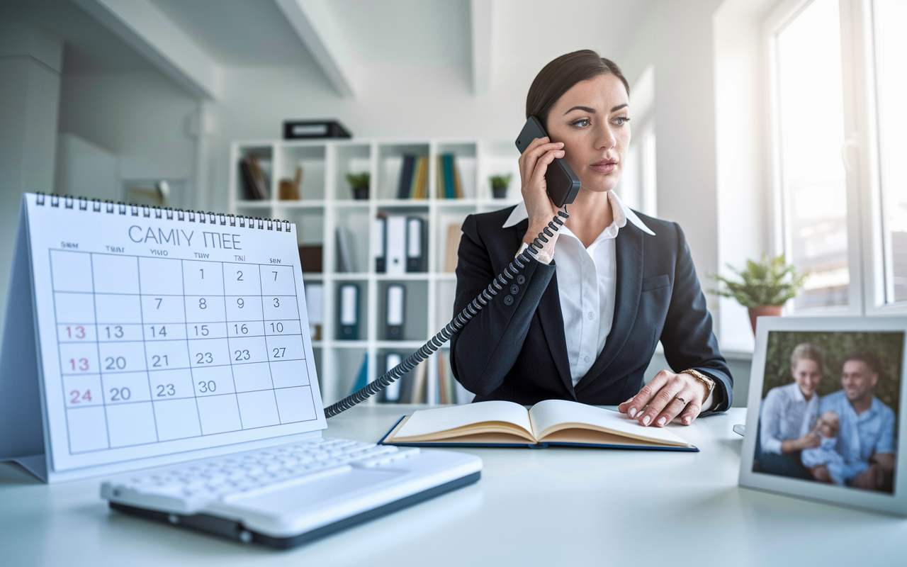 A professional dressed in business attire speaking on the phone in a well-organized office, with a calendar marked for family activities and boundaries. On the desk, a family photo symbolizes commitment to family time. The setting is bright and modern, creating a feeling of professionalism intertwined with personal values. The perspective focuses on the individual, portraying determination to balance work and family life.