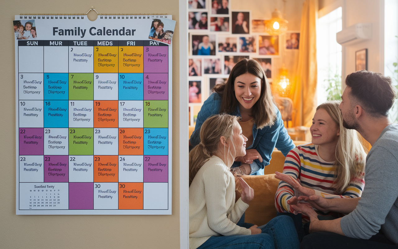 A colorful family calendar displayed on a wall, showcasing various activities, reminders, and events like game nights or school events. Members of the family are seen interacting happily, discussing plans in a cozy living room filled with warm light and family photos. The scene conveys a strong sense of togetherness and planning, emphasizing the importance of organized family time amidst busy schedules.