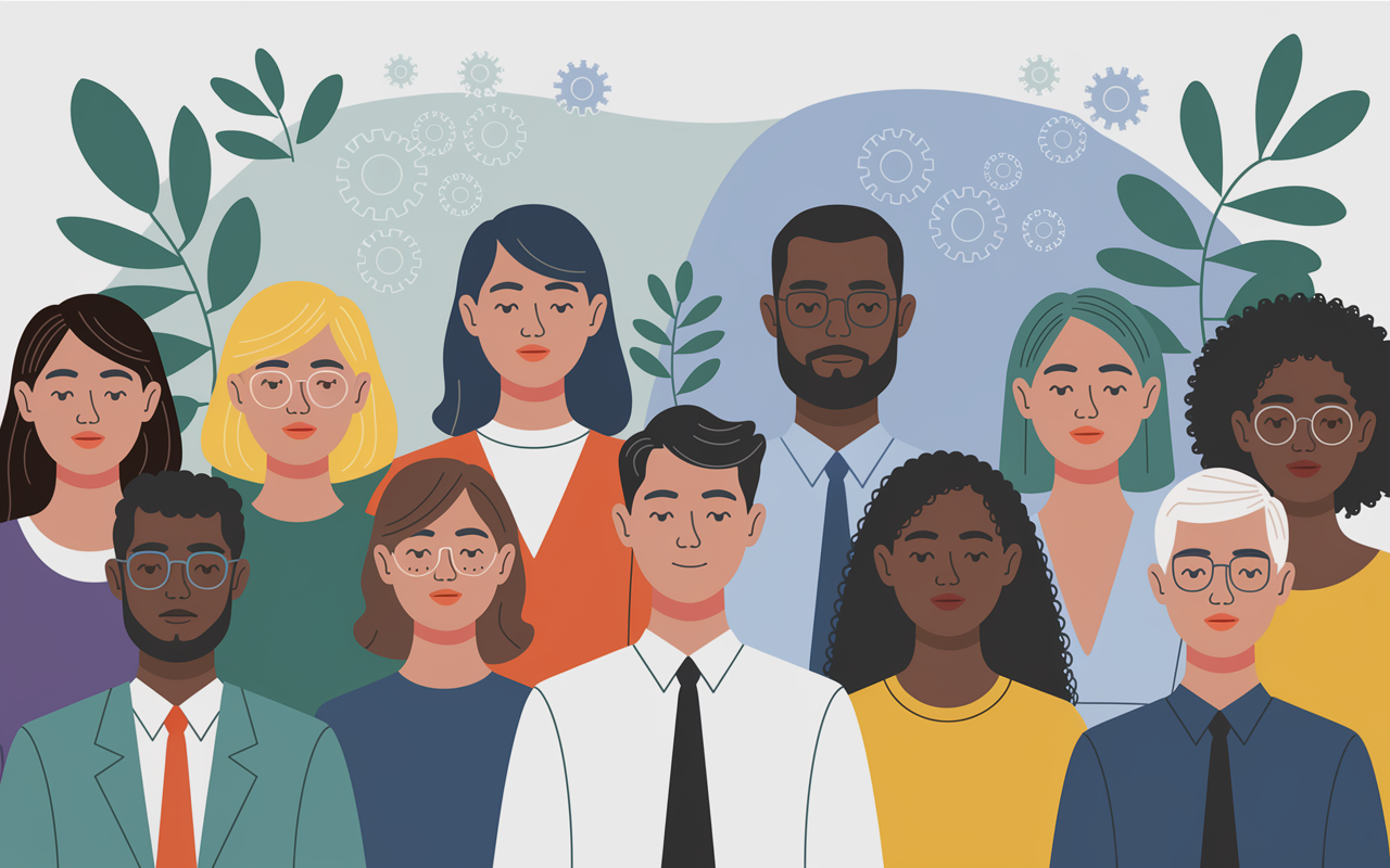 A conceptual illustration depicting the multifaceted aspects of mental health; featuring a diverse group of people, showing emotions like happiness, stress, and resilience. The background is a blend of serene colors representing calmness and support, and imagery of gears and cogs symbolizing the connection between mental health and productivity. The overall tone is encouraging, promoting awareness around emotional, psychological, and social well-being.