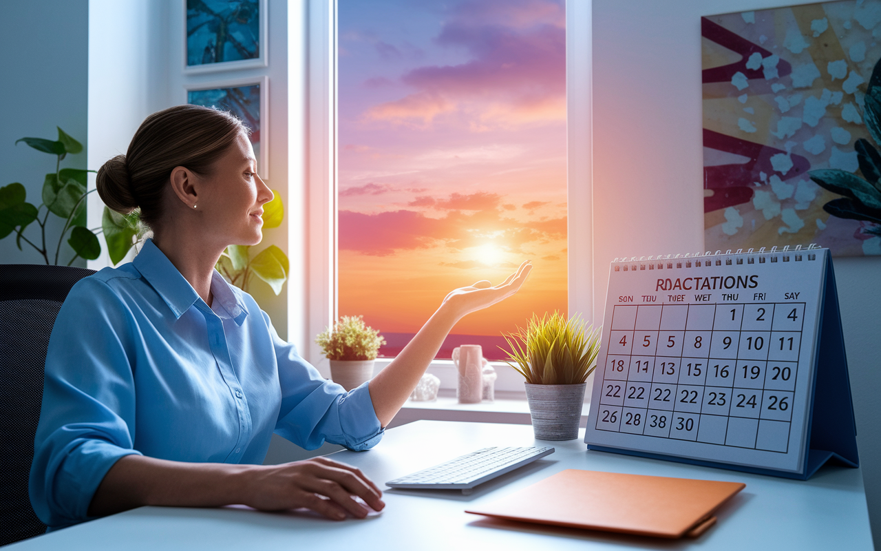 An employee at a desk, looking at a beautiful sunset through a window, with a serene expression. Next to them is a calendar marked with planned vacations and personal care days. The room is decorated with elements that inspire relaxation, like plants and artwork. The lighting is warm and calming, suggesting a transition from work to personal time, symbolizing a healthy balance.