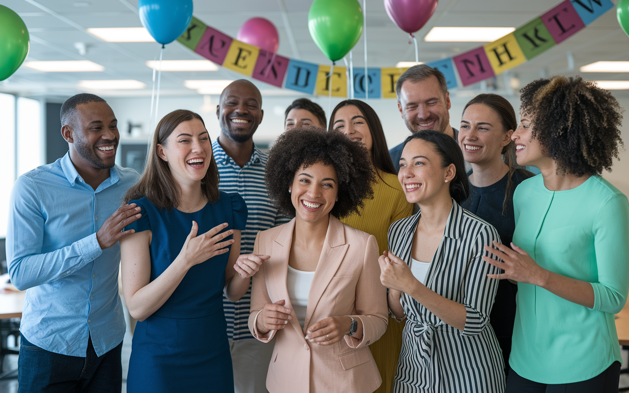 A diverse group of employees gathered in a cheerful office space, celebrating an employee of the month award. Smiles and laughter fill the air as balloons and a congratulatory banner adorn the environment. The atmosphere is vibrant and full of appreciation, showcasing how recognition enhances team morale and encourages a positive work culture.